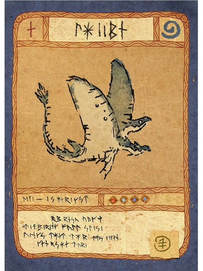 Vintage-style card with a dragon illustration and decorative border on a blue background