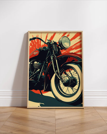 Framed poster of a motorcycle on a white wall