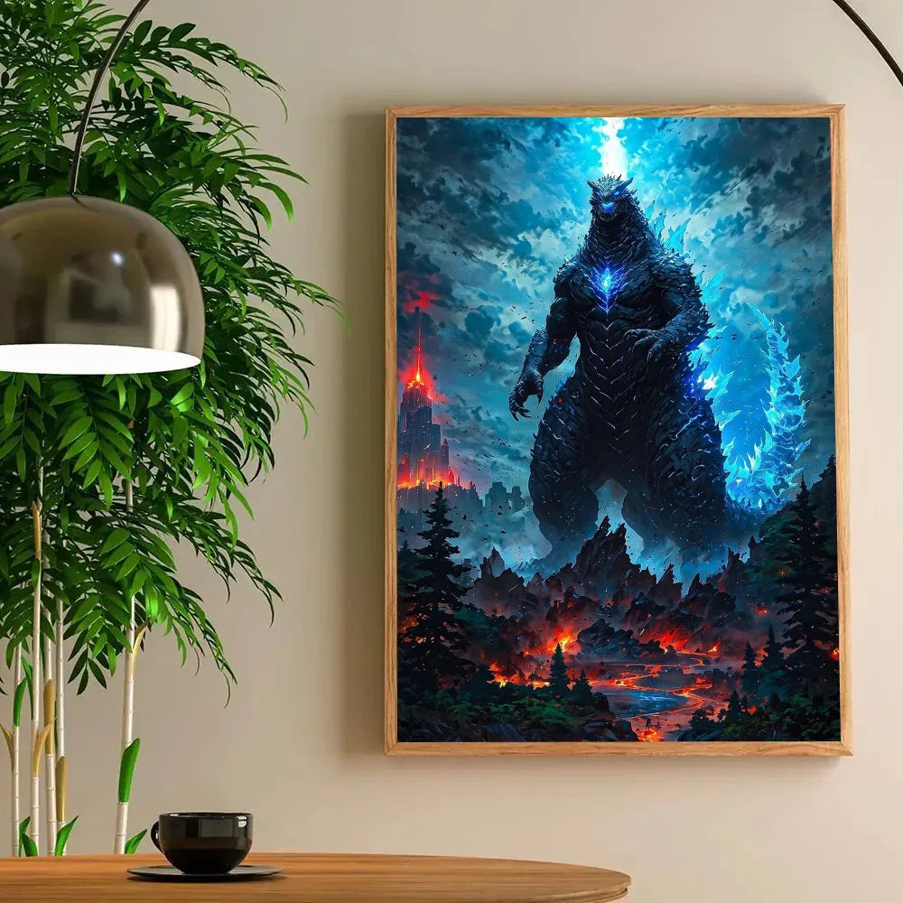 Framed artwork of a Godzilla-like creature in a fiery landscape on a wall above a table with a plant and cup.
