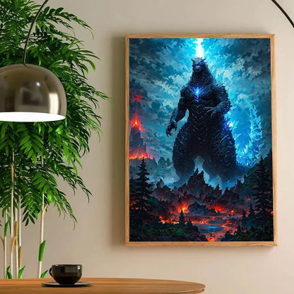 Framed artwork of a Godzilla-like creature in a fiery landscape on a wall above a table with a plant and cup.