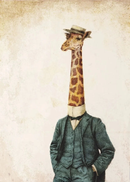 Giraffe wearing a suit and hat on a textured beige background
