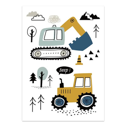 Children's illustration of a bulldozer and excavator with trees and mountains on a white background
