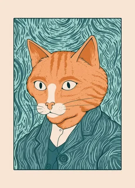 Illustration of a cat wearing a suit with a textured blue background