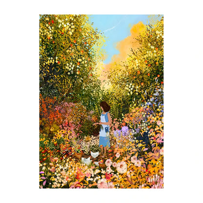 Woman in a garden surrounded by colorful flowers and trees