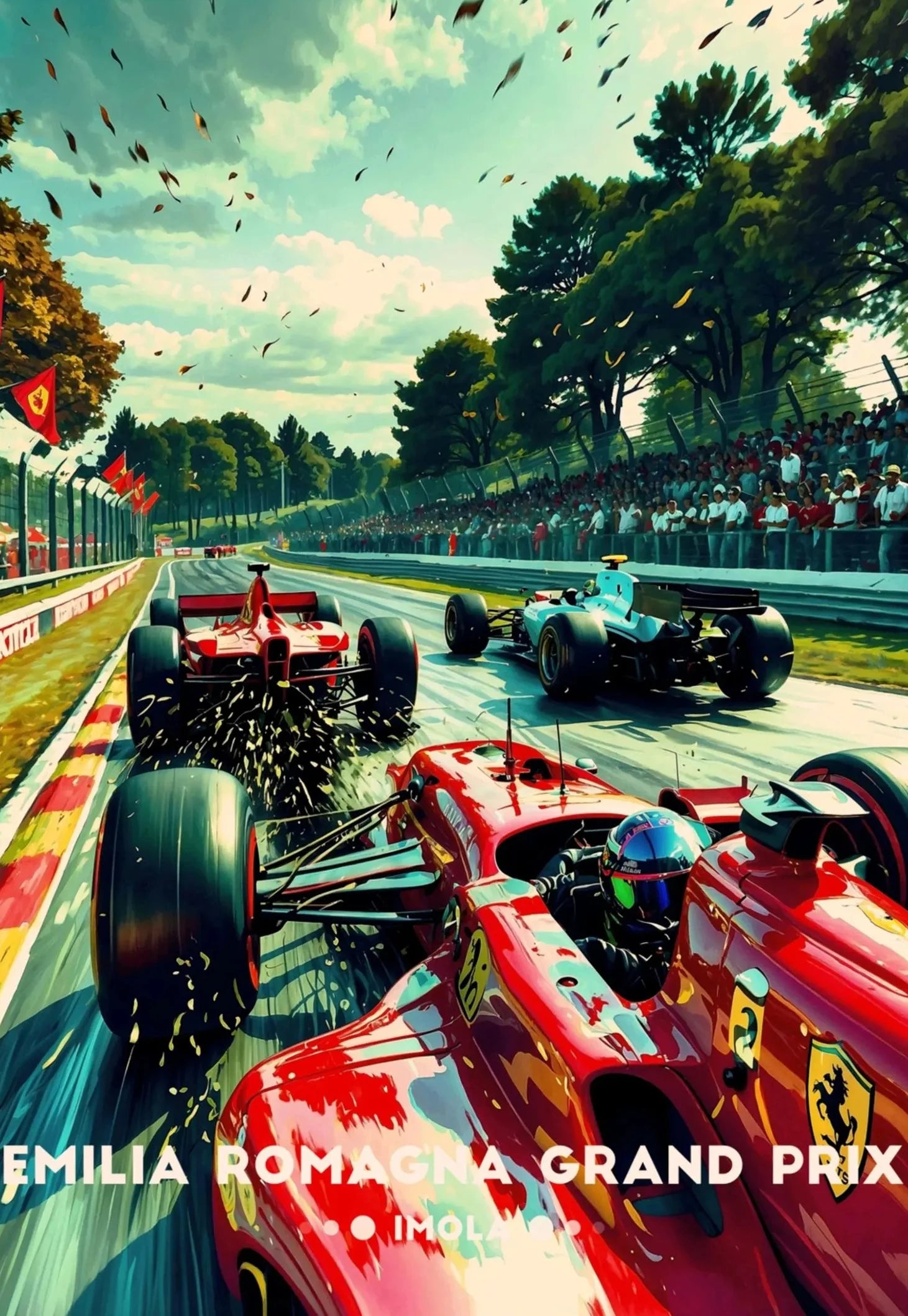 Formula 1 cars racing on a track with spectators and trees in the background, featuring the Emilia Romagna Grand Prix.