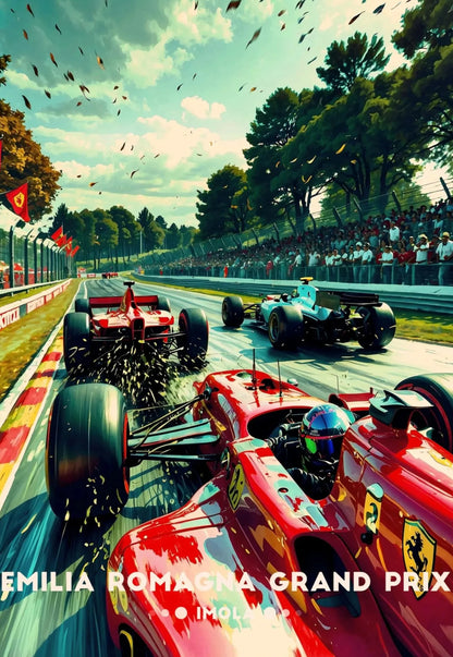 Formula 1 cars racing on a track with spectators and trees in the background, featuring the Emilia Romagna Grand Prix.