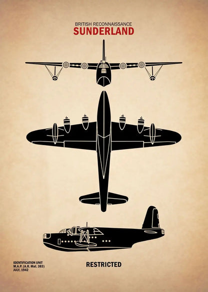 Black silhouette of a British reconnaissance Sunderland aircraft on a beige background with text.