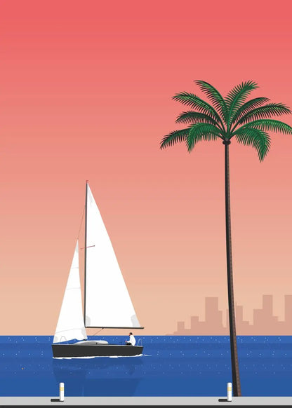 Sailboat and palm tree against a pink and blue gradient background