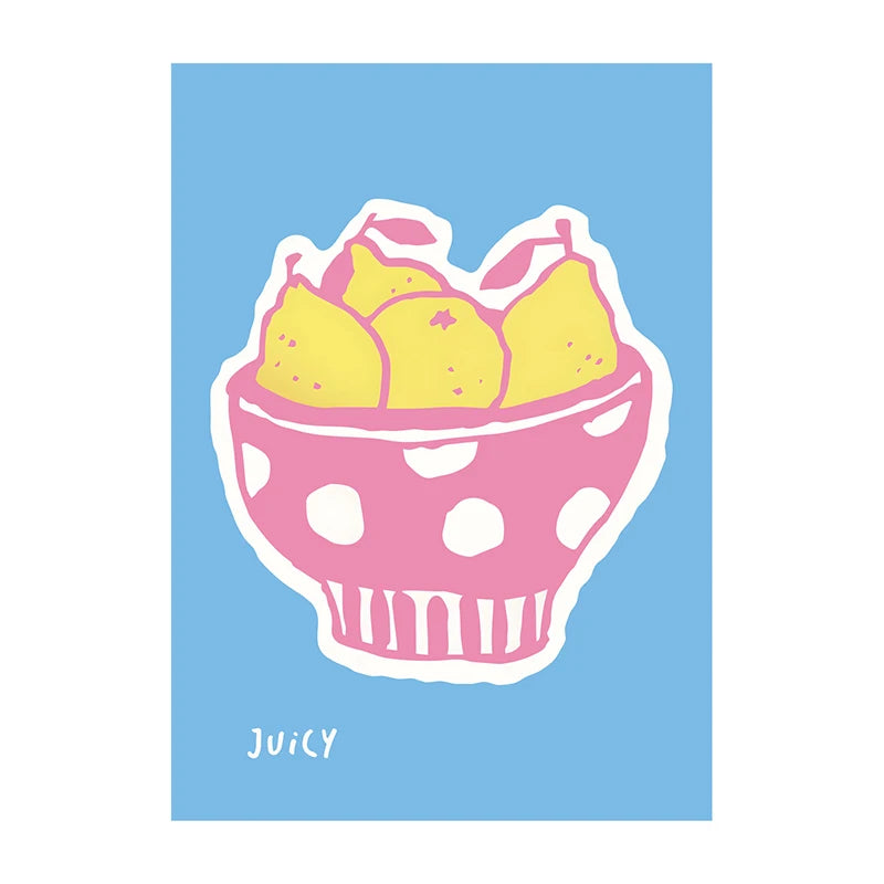Illustration of a pink polka dot bowl with yellow lemons on a blue background, featuring the word 'Juicy'.