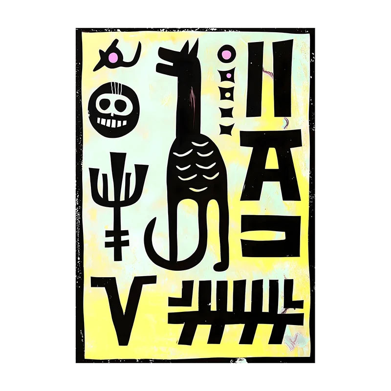 Black abstract design on a yellow background with text