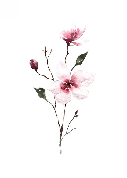 Pink floral branch with leaves on a white background