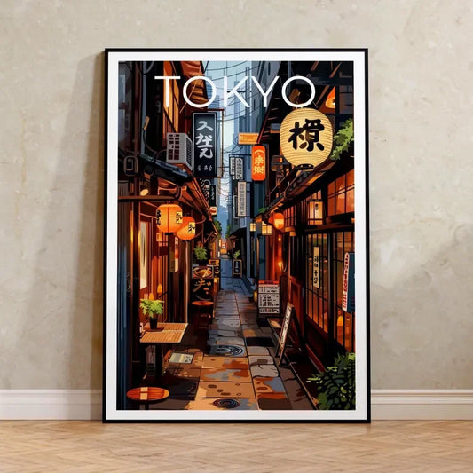 Framed poster of a Tokyo street scene with traditional lanterns and signage. Canvas & Curio