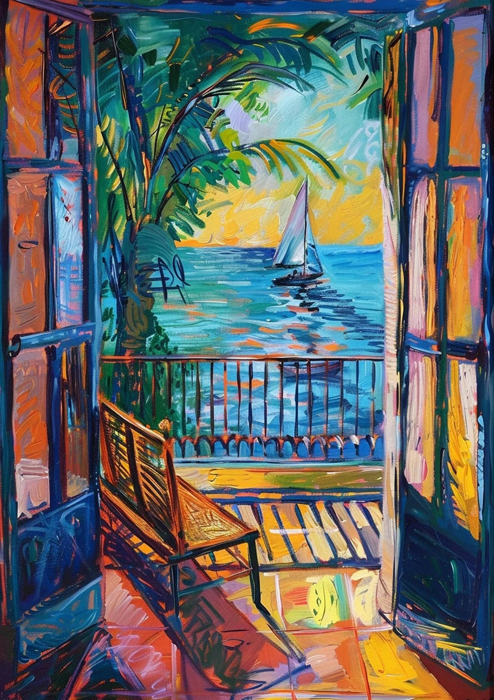 Colorful painting of a balcony with ocean view and sailboats