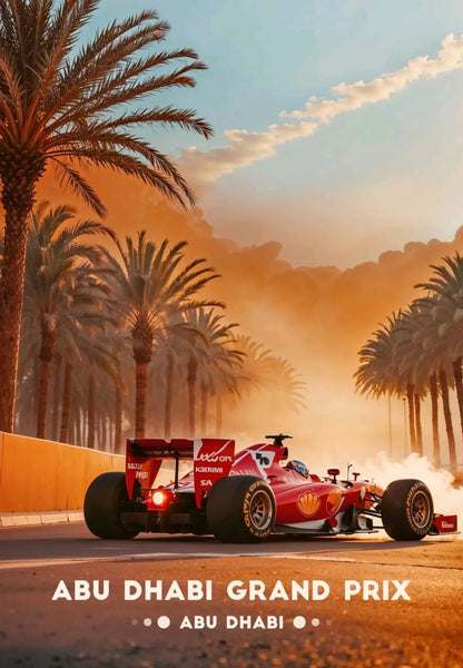 Formula 1 car on a track with palm trees and sunset in Abu Dhabi