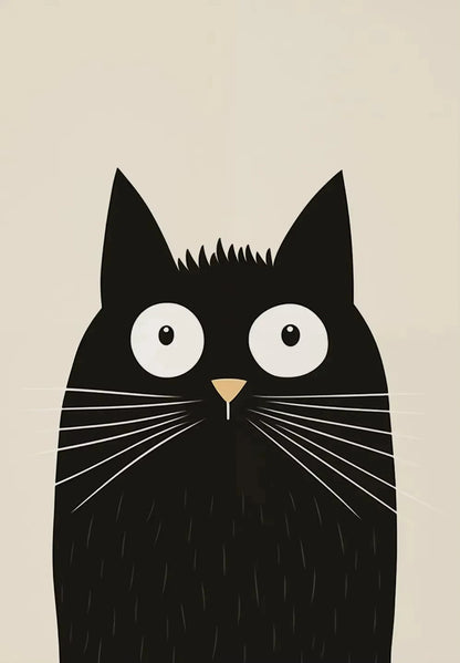 Illustration of a black cat with large white eyes on a beige background