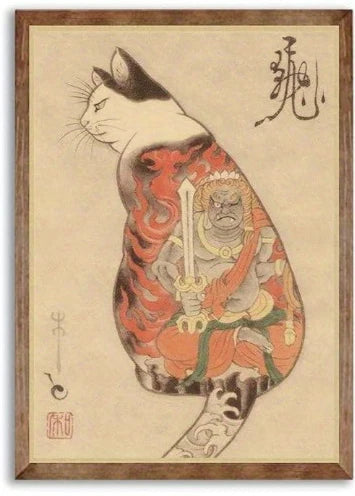 Cat with traditional Japanese tattoo design of a warrior on a beige background