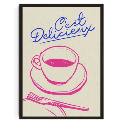 Framed artwork with a pink coffee cup and saucer, fork, and knife illustration and 'C'est Delicieux' text on a beige background.