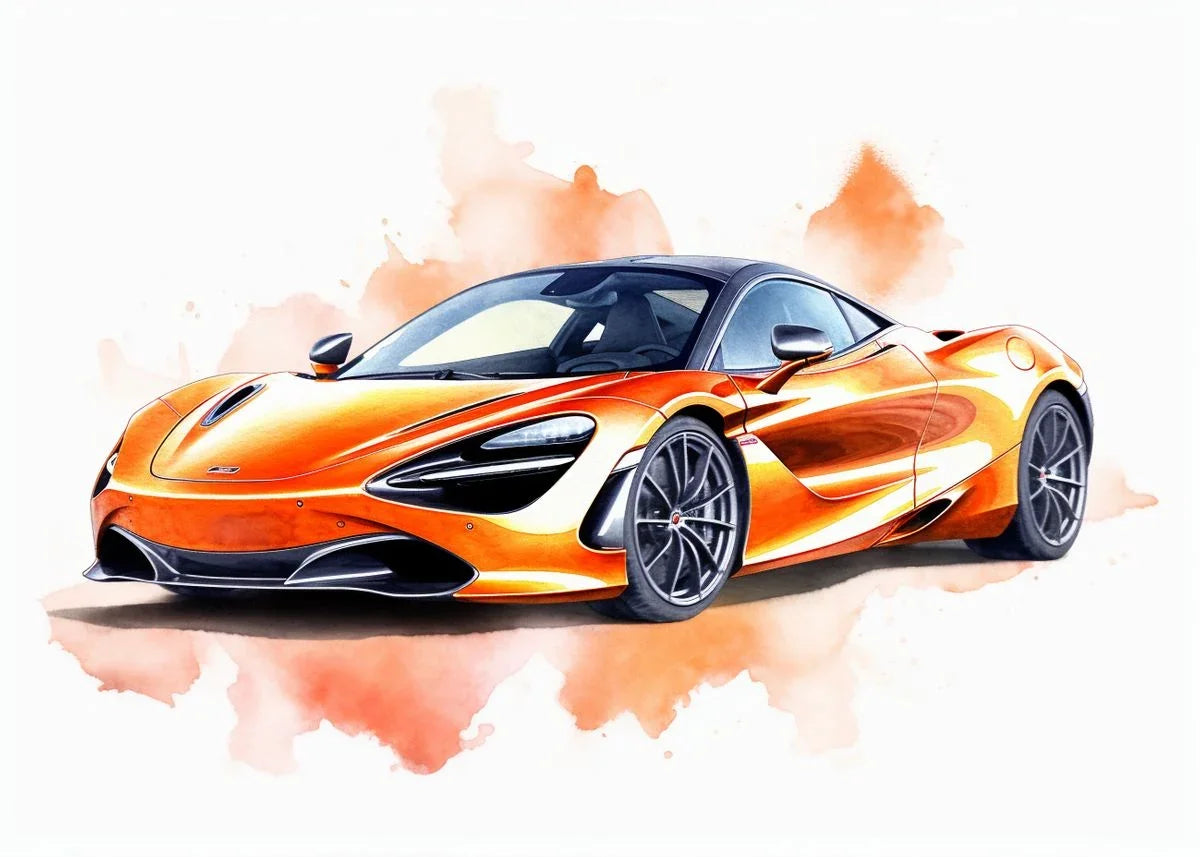 Orange sports car on a white background with orange abstract design
