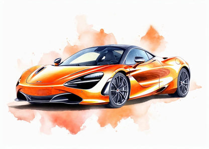 Orange sports car on a white background with orange abstract design