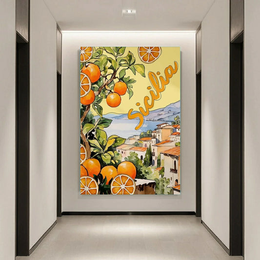 Decorative wall art with oranges and 'Sicilia' text in a modern interior setting Canvas & Curio