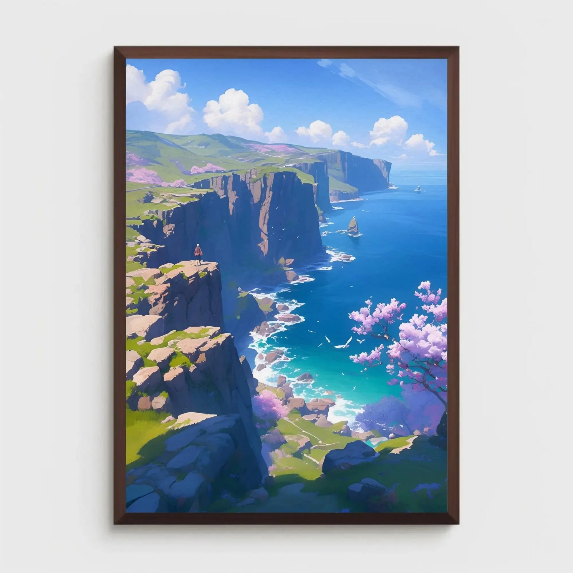 Framed artwork of a scenic landscape with cliffs, ocean, and cherry blossoms.
