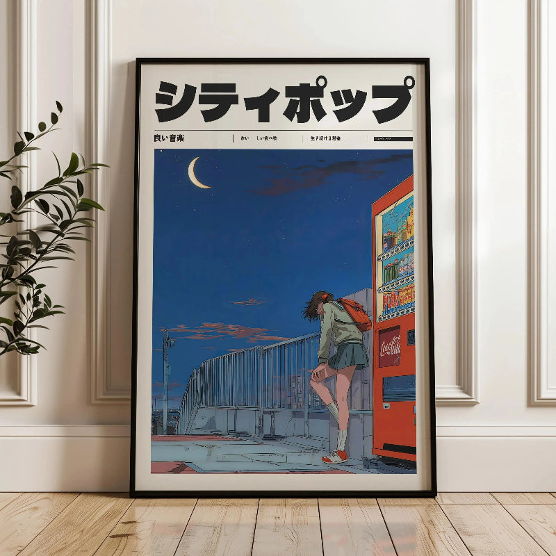 Framed poster of a person leaning against a vending machine with Japanese text on a wall.