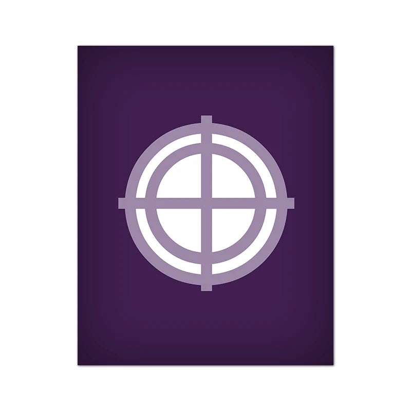 White circular symbol on a purple background
