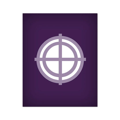 White circular symbol on a purple background