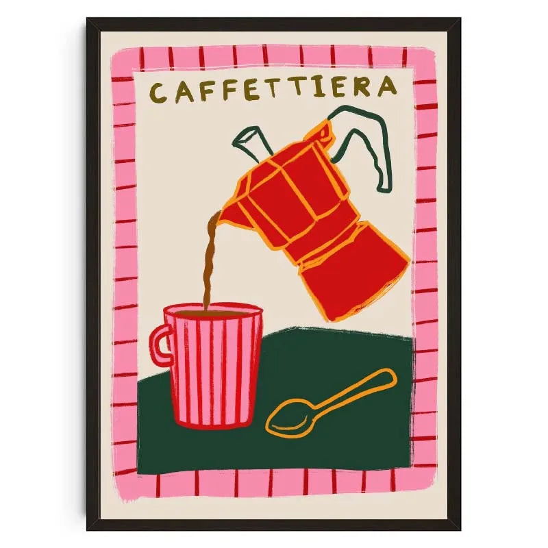 Illustration of a red cafèttiera pouring coffee into a pink cup with a green spoon on a pink striped background.
