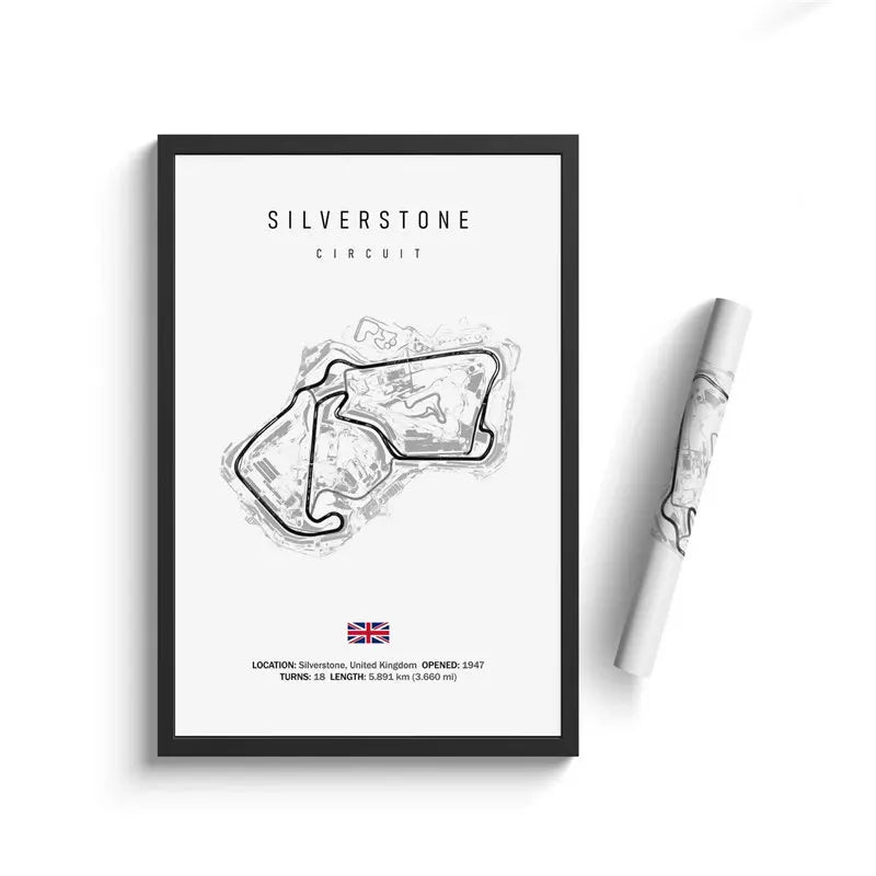 Framed map of Silverstone Circuit with a pen on a white background