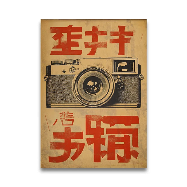 Vintage-style camera poster with red and black text on a beige background