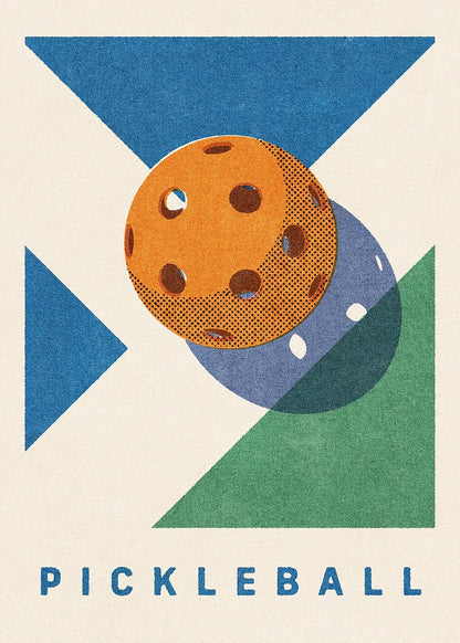 Illustration of a pickleball with geometric shapes on a beige background