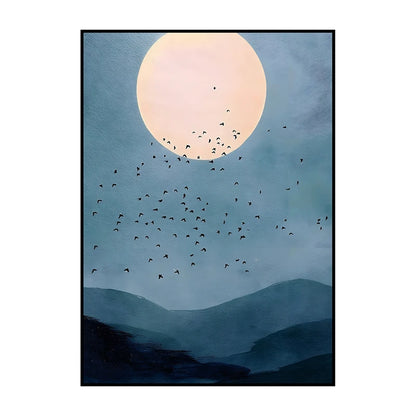 Framed artwork of a moonlit sky with birds and mountains