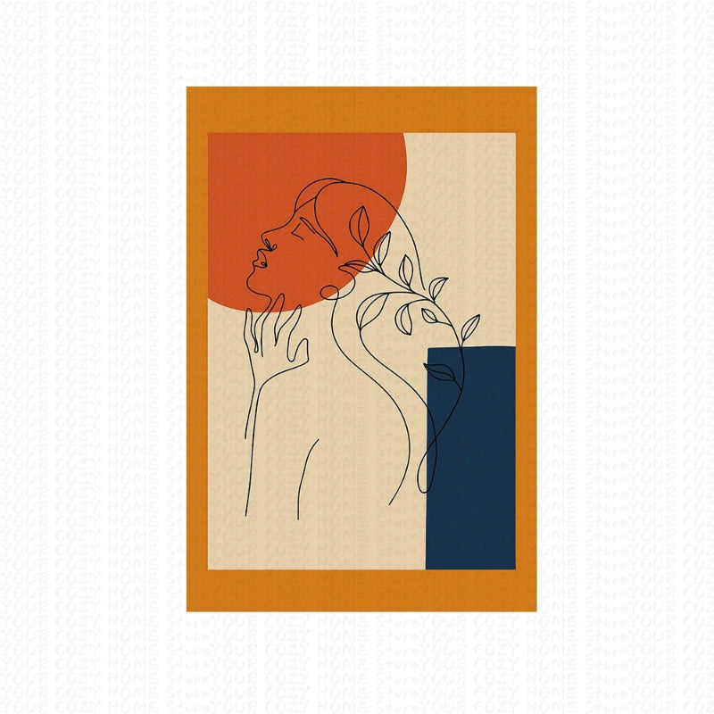 Abstract art print with a woman's profile, plant, and vase on a white background