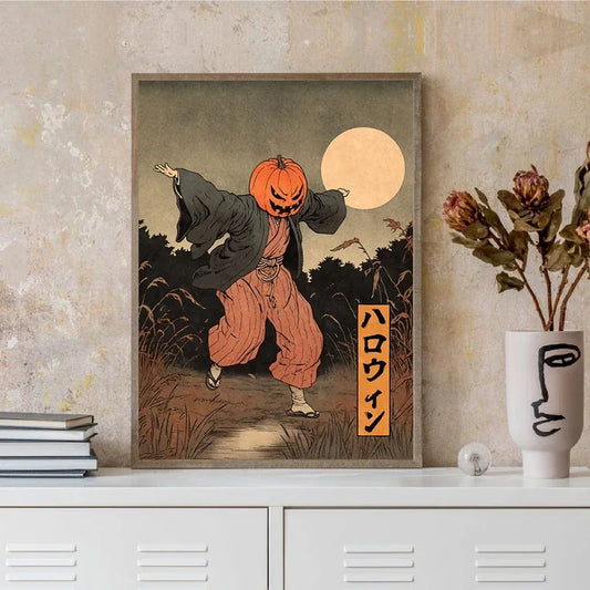 Framed artwork of a character with a pumpkin head on a shelf with decorative items. Canvas & Curio