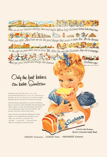 Vintage advertisement for Sunbeam bread with a child holding a loaf of bread.