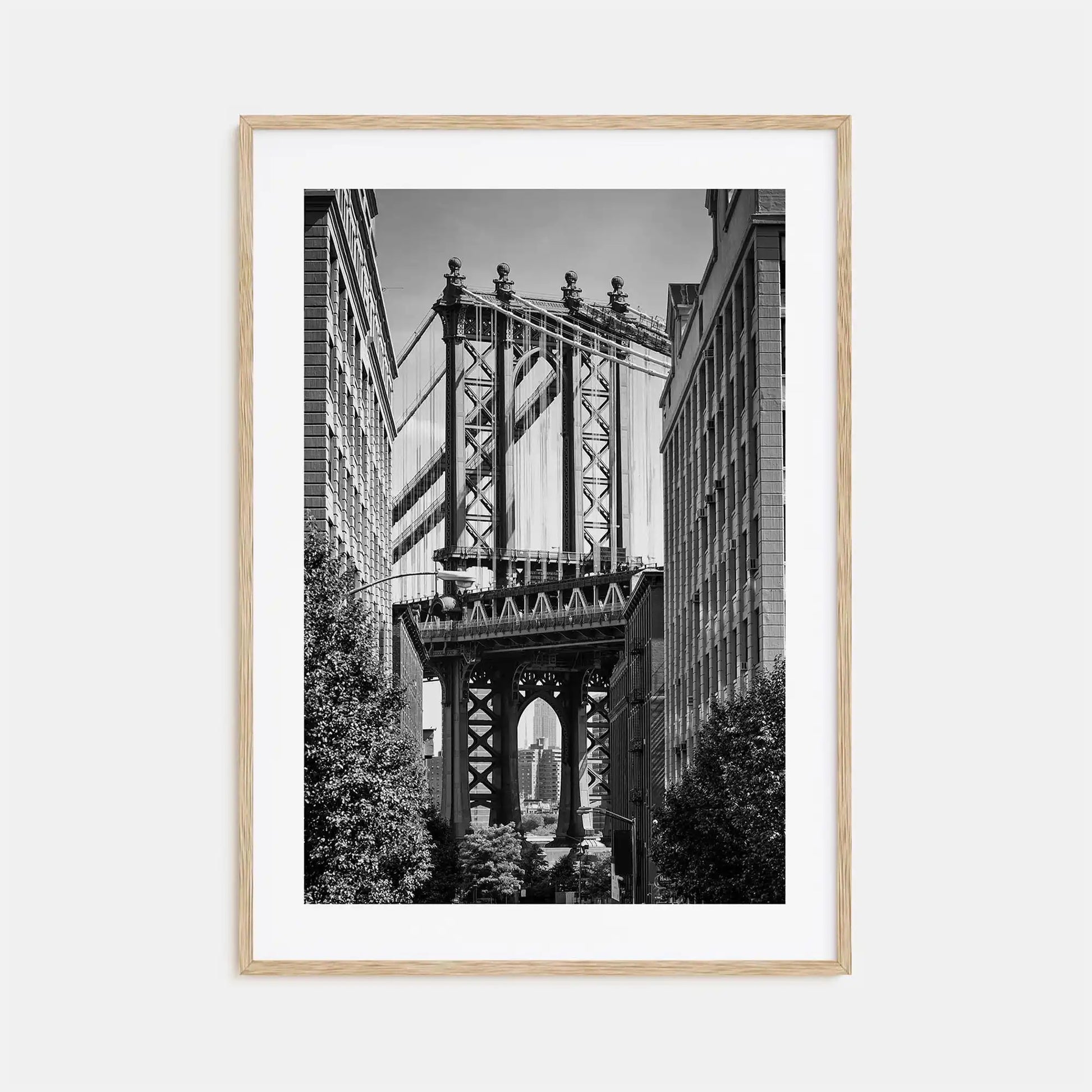 Framed black and white photograph of a bridge with a cityscape background