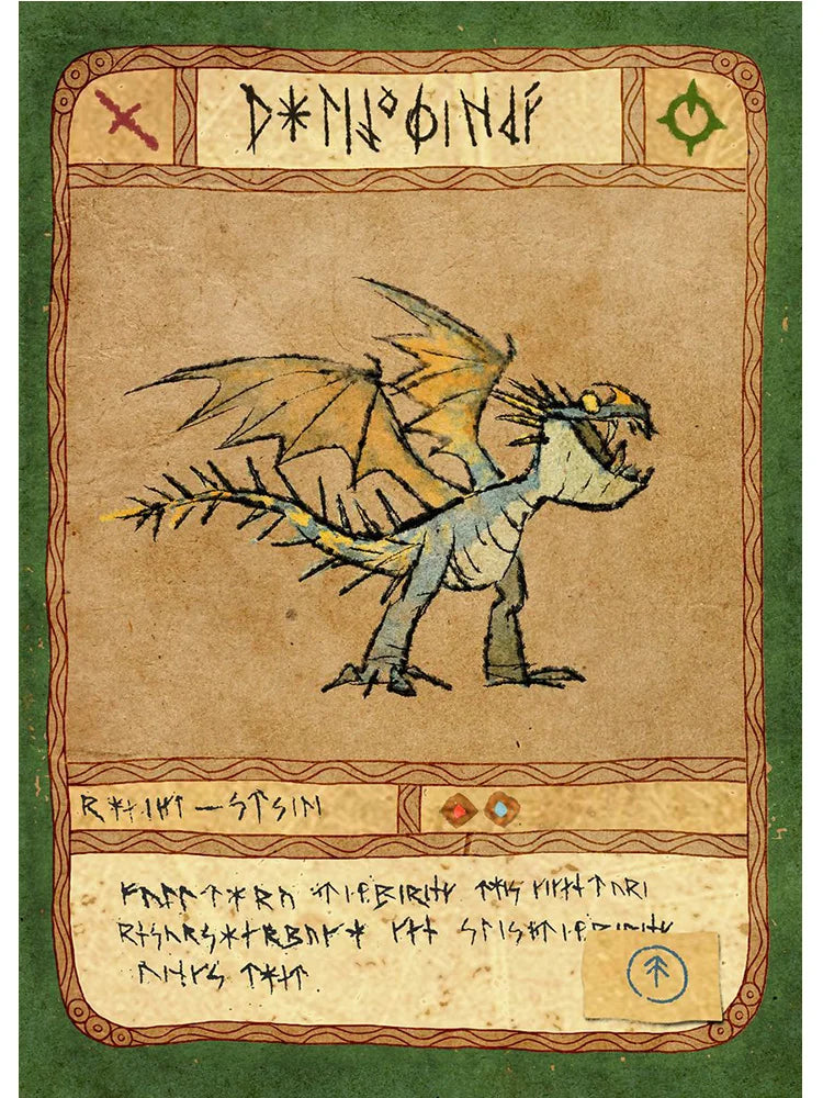 Fantasy dragon illustration on a textured card with decorative border and text.