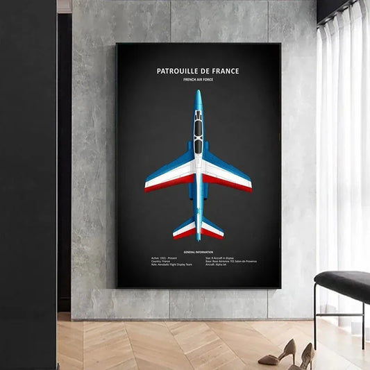 Framed poster of a Patrouille de France airplane on a wall. Canvas & Curio