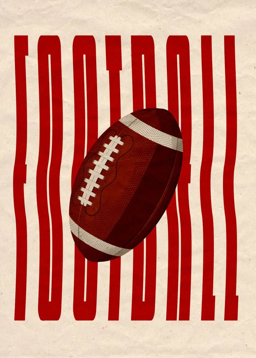 Red football with white stripes on a beige background with red text