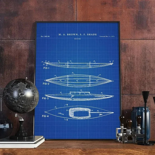 Blueprints on a wooden surface with decorative items Canvas & Curio