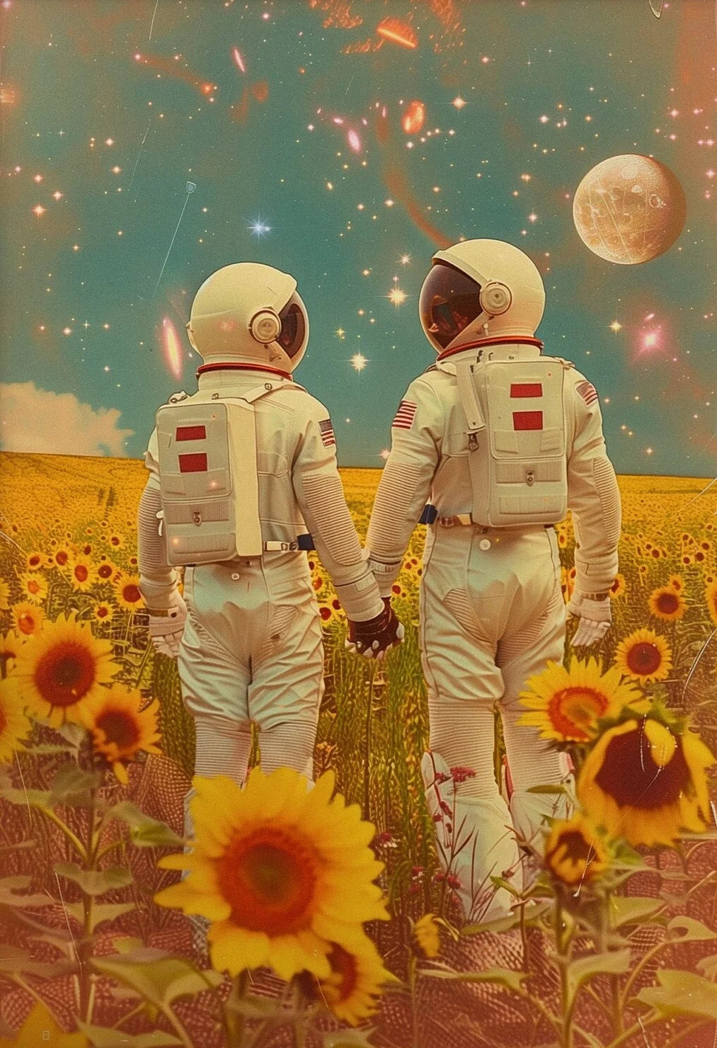 Two astronauts holding hands in a sunflower field with a space-themed sky.