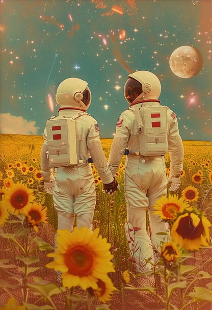 Two astronauts holding hands in a sunflower field with a space-themed sky.