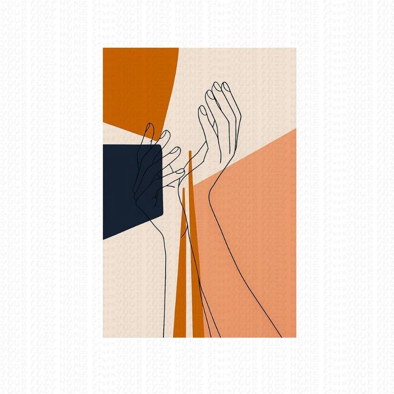 Abstract art print with line drawings of hands on a textured beige background