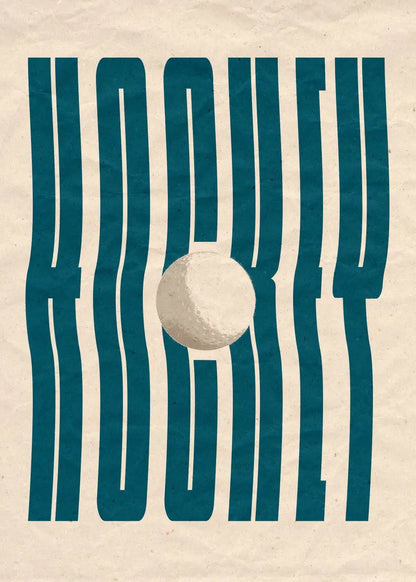 Hockey ball between large blue letters spelling 'HOCKEY' on a beige background