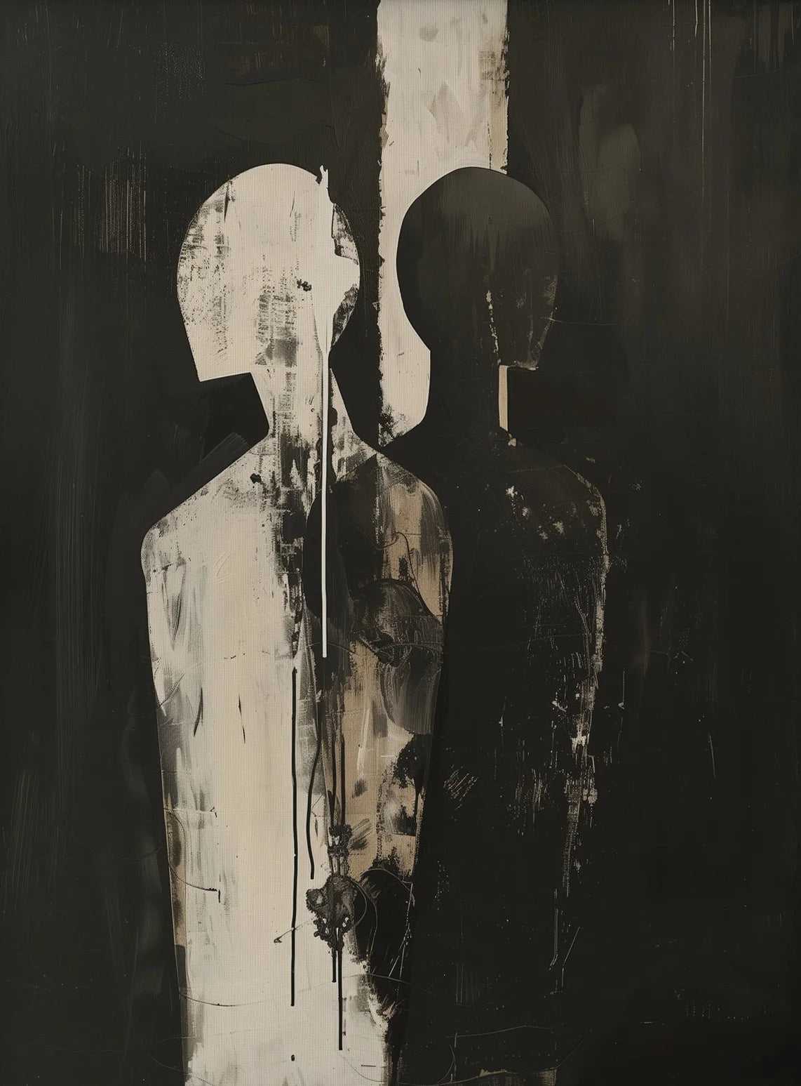 Abstract black and white artwork with two humanoid figures.