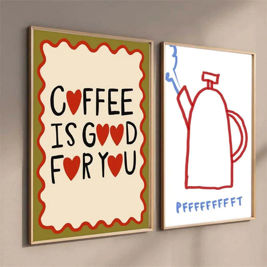 Two framed artworks on a wall, one with 'Coffee is good for you' text and the other with a red kettle illustration. Canvas & Curio