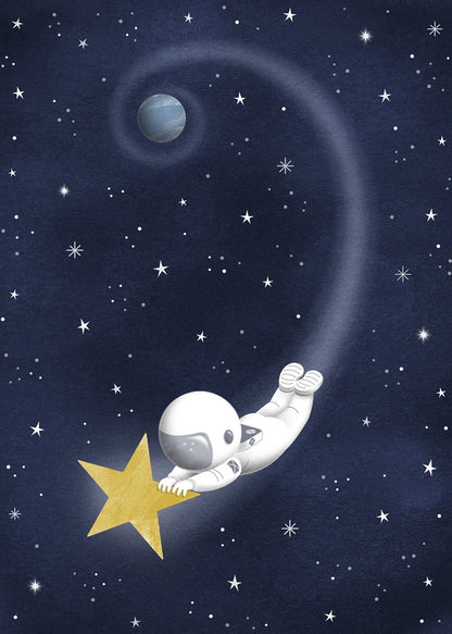 Illustration of an astronaut floating in space with a star and planet in the background