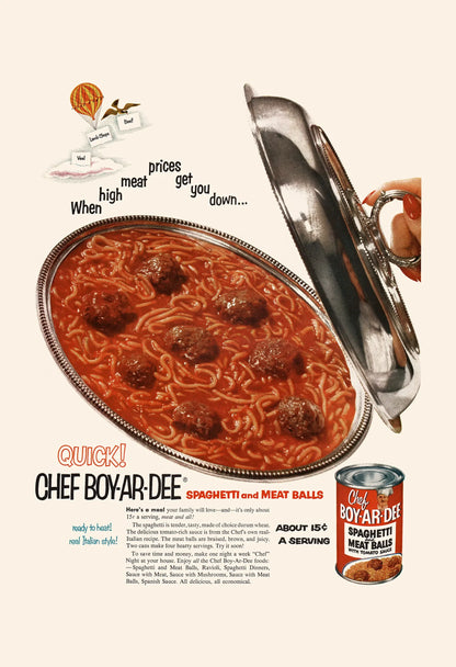 Vintage advertisement for Chef Boyardee Spaghetti and Meatballs with a pan of food and can on a beige background.
