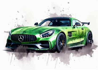 Green Mercedes-Benz car on a white background with artistic splashes